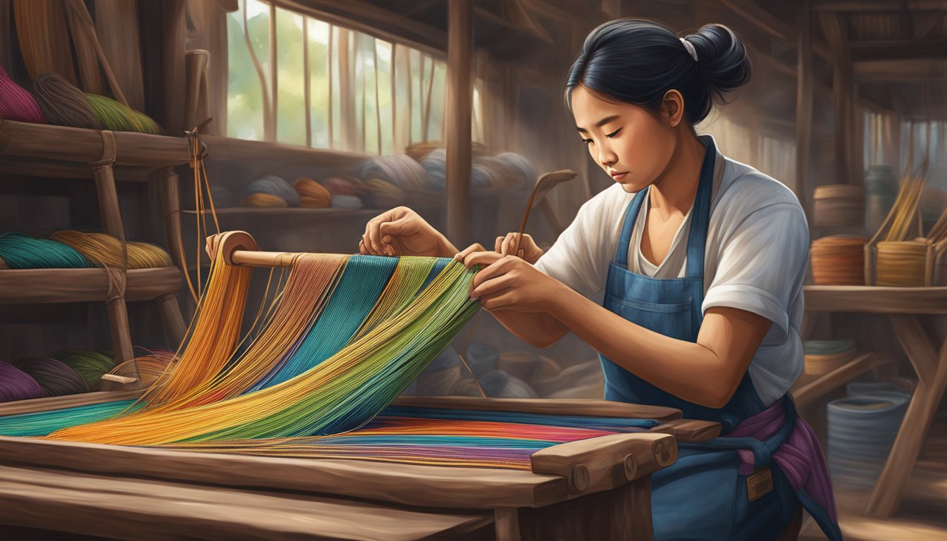 A skilled artisan carefully weaves colorful threads onto a sturdy canvas bag, showcasing the intricate craftsmanship of a renowned Thailand bag brand