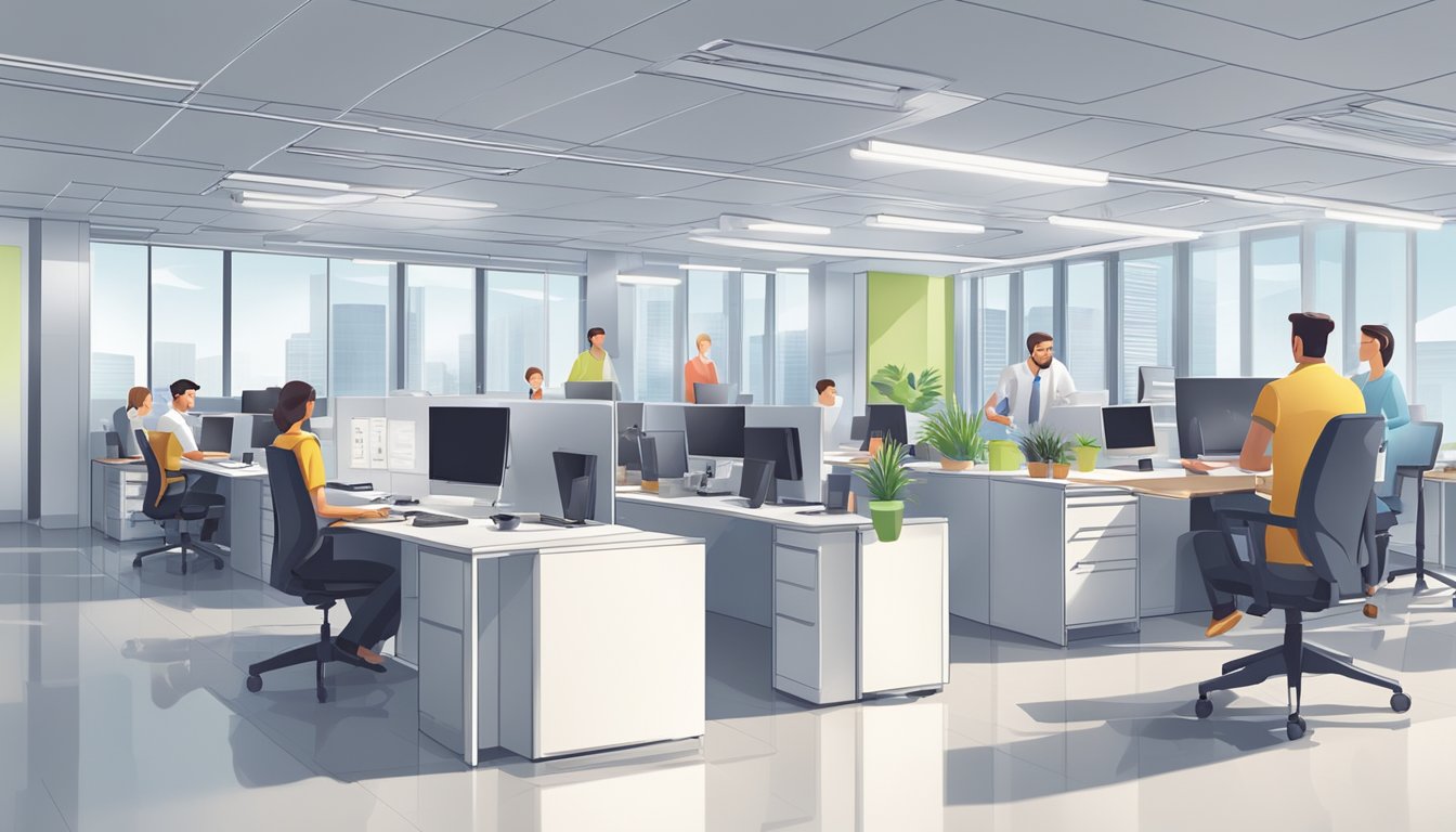 A modern office with a sleek air conditioning unit installed, surrounded by happy and productive employees