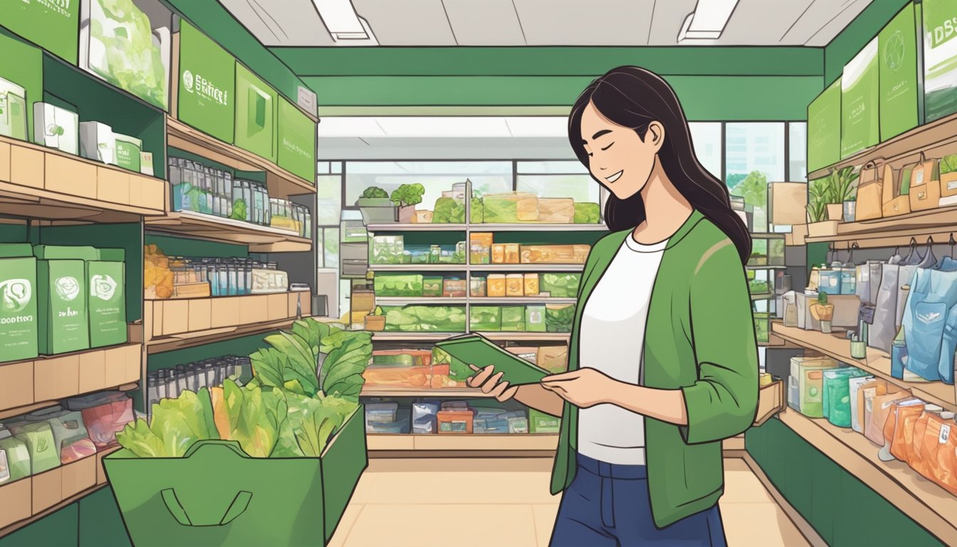 A student swipes an Eco-Conscious Spending DBS Live Fresh card at a sustainable store in Singapore. Green initiatives and eco-friendly products surround the scene