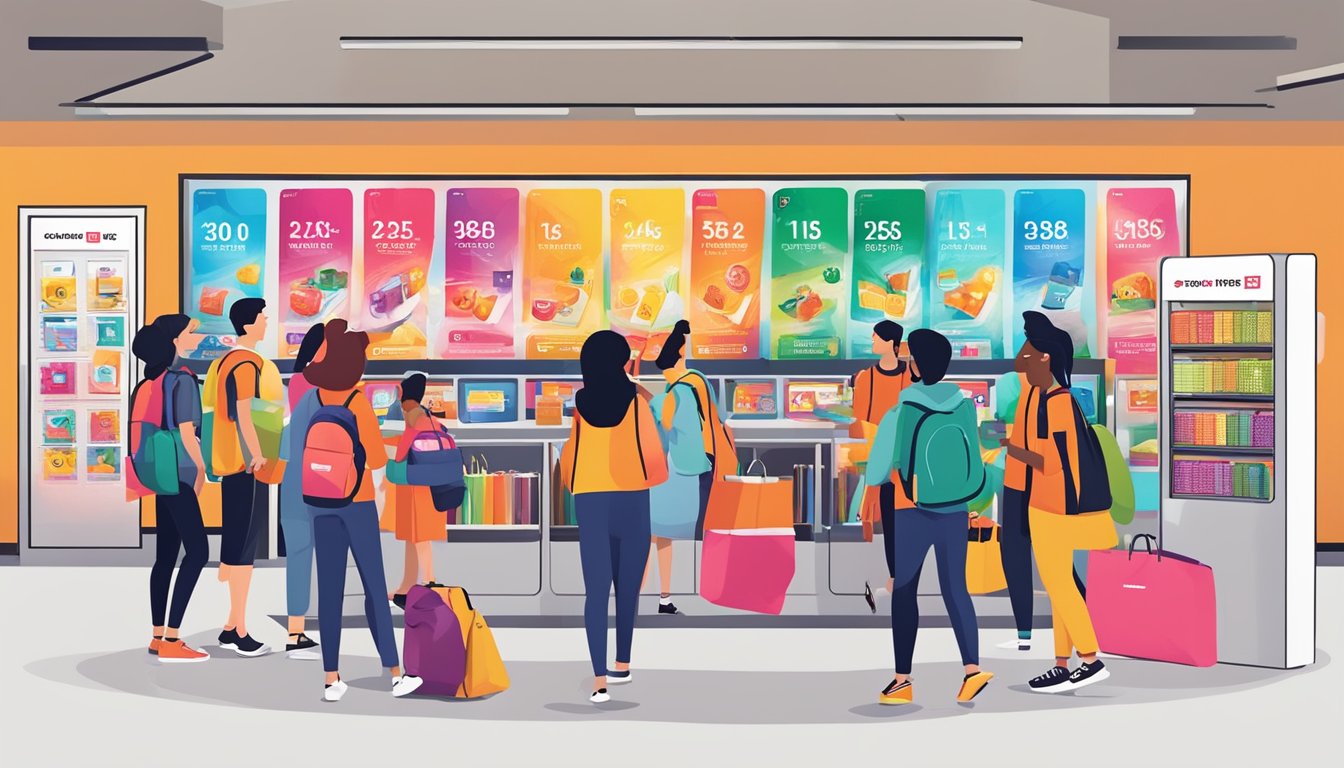 A group of students excitedly gather around a DBS Live Fresh Student Card display, featuring exclusive promotions and perks. The card shines brightly against a backdrop of vibrant colors and modern design elements