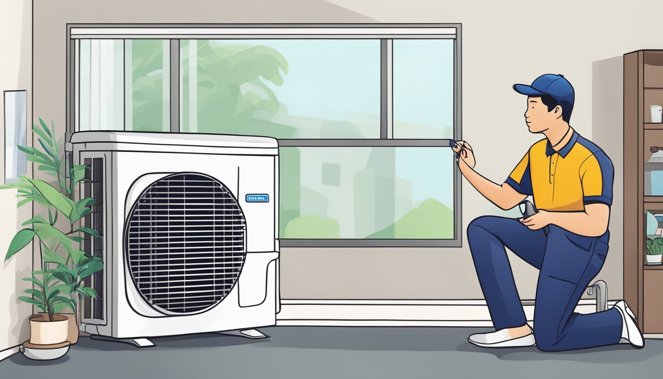 An aircon technician installs and sets up a Singapore aircon brand in a Singaporean home