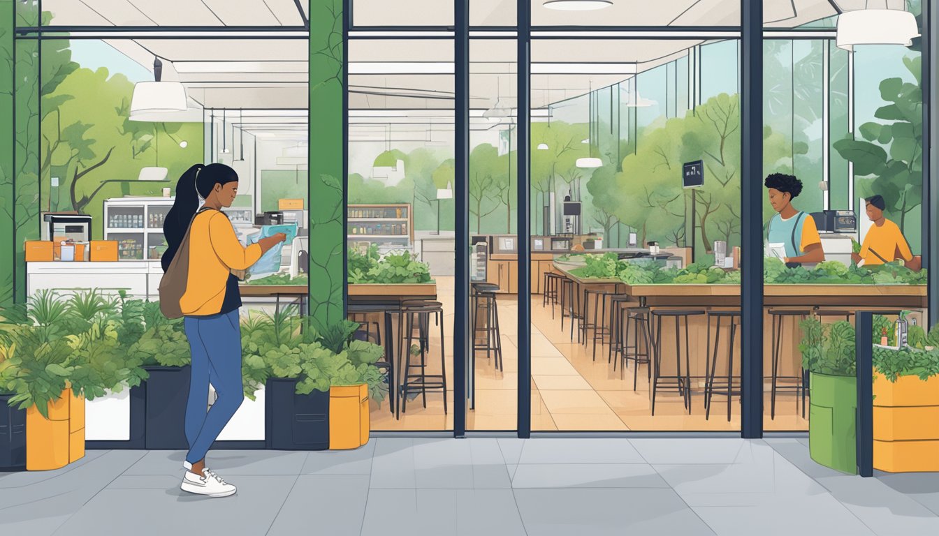 A student swipes an eco-friendly DBS Live Fresh card at a sustainable campus cafe. Recycling bins and greenery surround the modern, vibrant setting