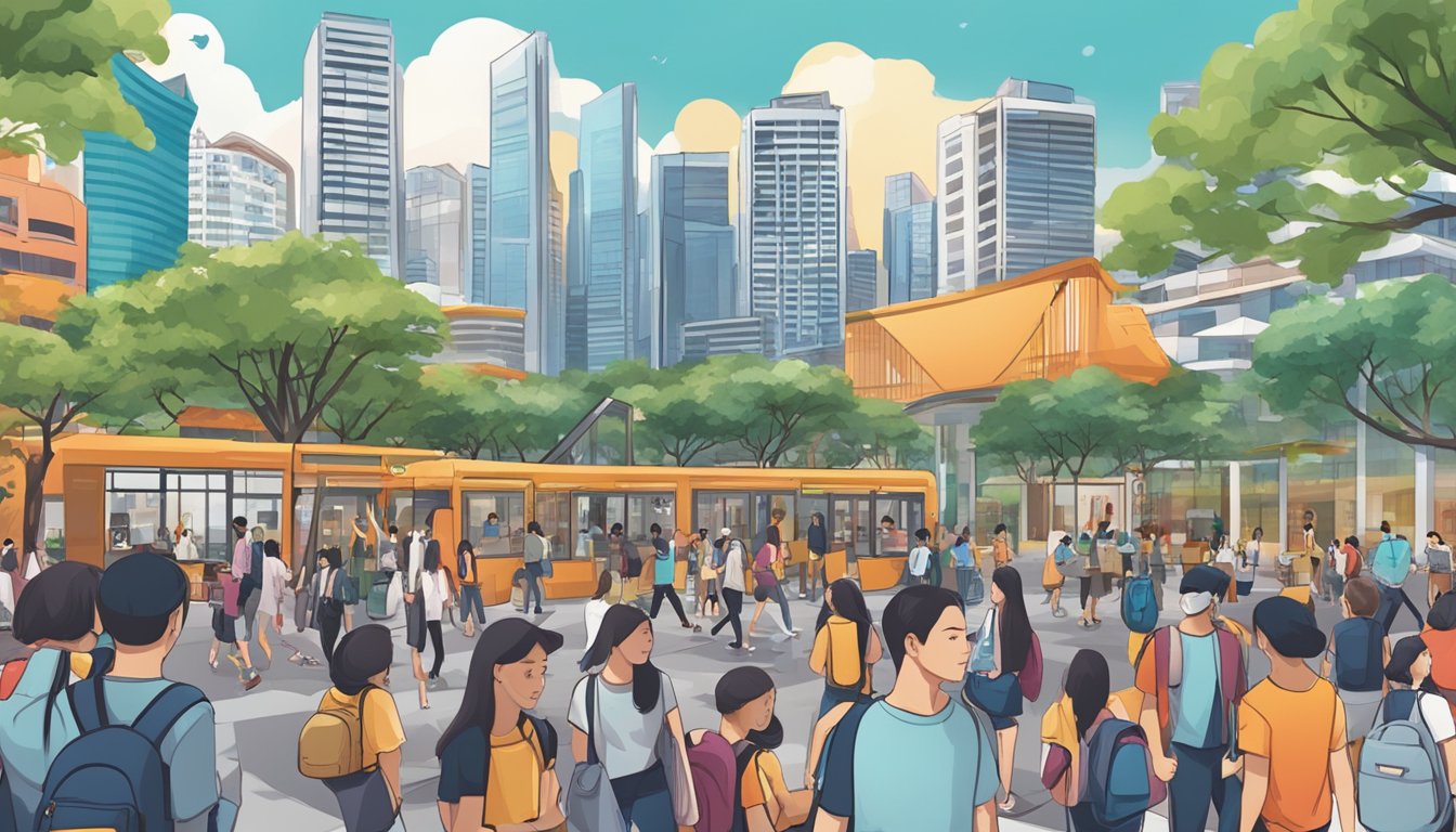 A bustling Singapore student scene with DBS Live Fresh Student Card in focus, surrounded by vibrant campus life and modern cityscape