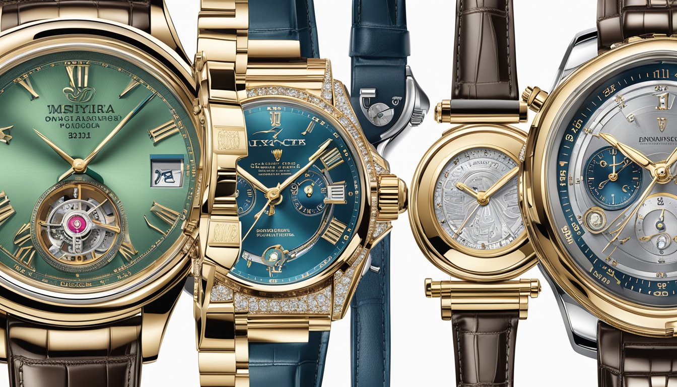A display of top 10 luxury watch brands, each exuding exquisite craftsmanship and precision engineering, showcased in an opulent setting