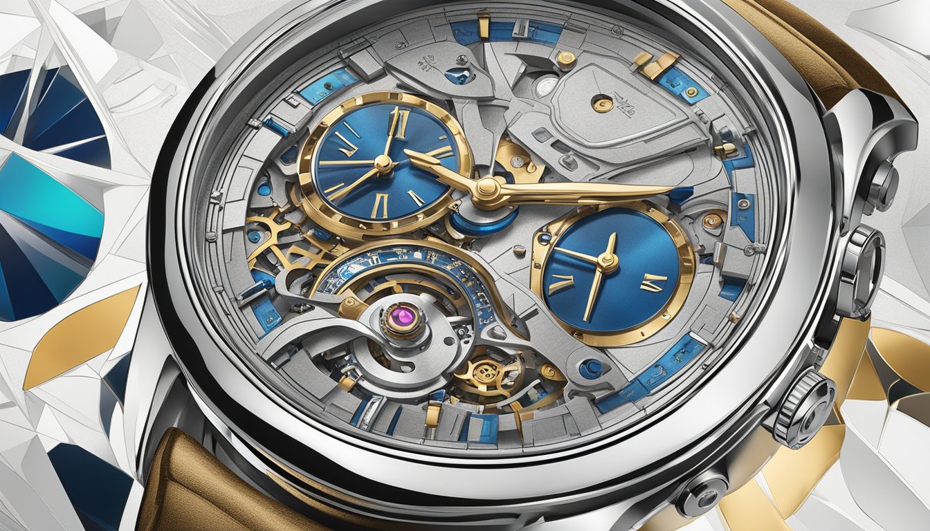 A sleek, modern watch sits atop a velvet cushion, surrounded by precision tools and intricate watch parts. The brand logo is prominently displayed, reflecting the artistry of watch design