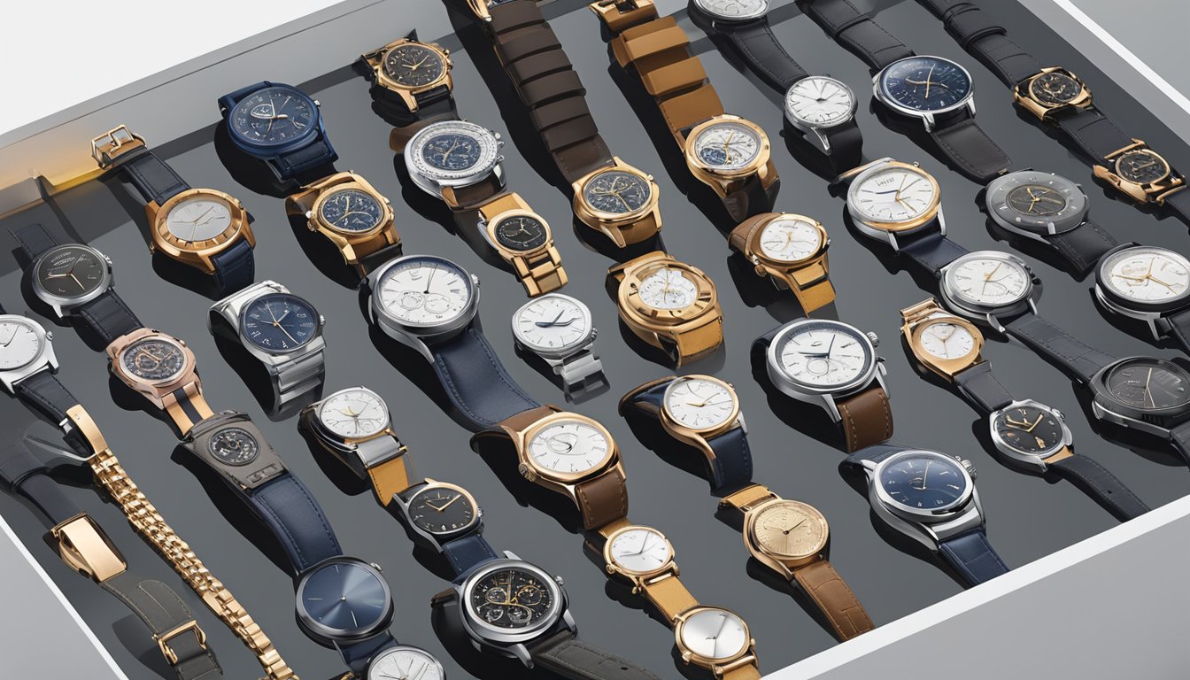 A display of top 10 watch brands arranged on a sleek, modern table. Each watch is carefully positioned to showcase its design and craftsmanship