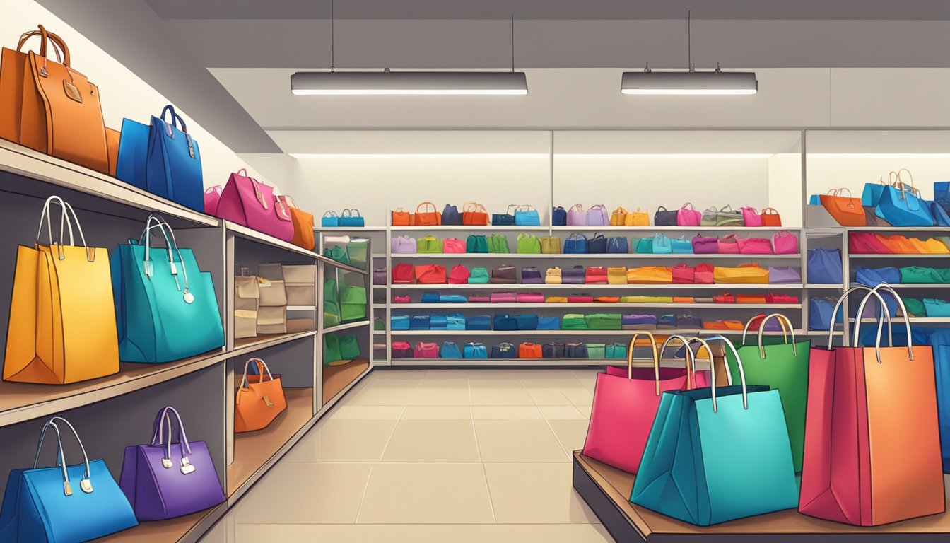 Various colorful bags displayed on shelves, with price tags and logos visible. Store signage reads "Affordable Bag Brands."