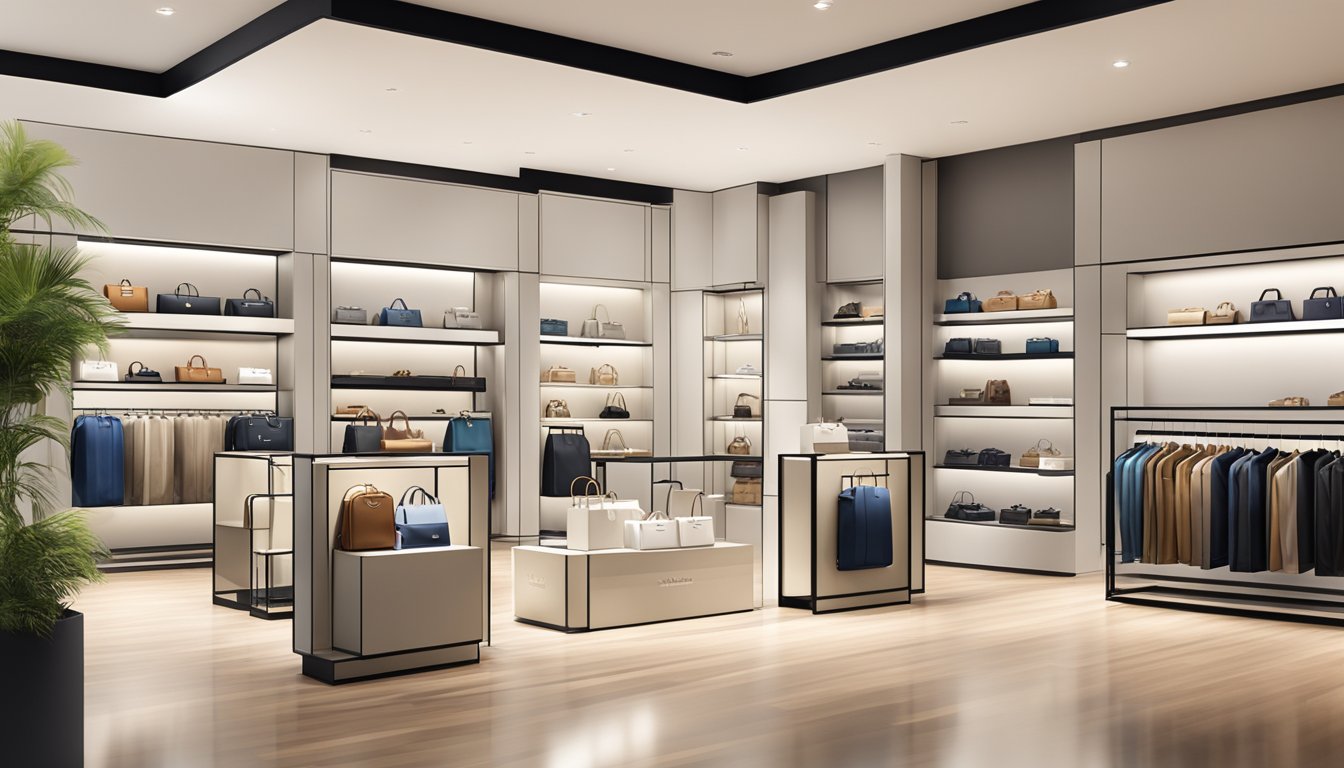 A sleek, modern store display showcases a range of affordable luxury bag brands, featuring elegant designs and high-quality materials