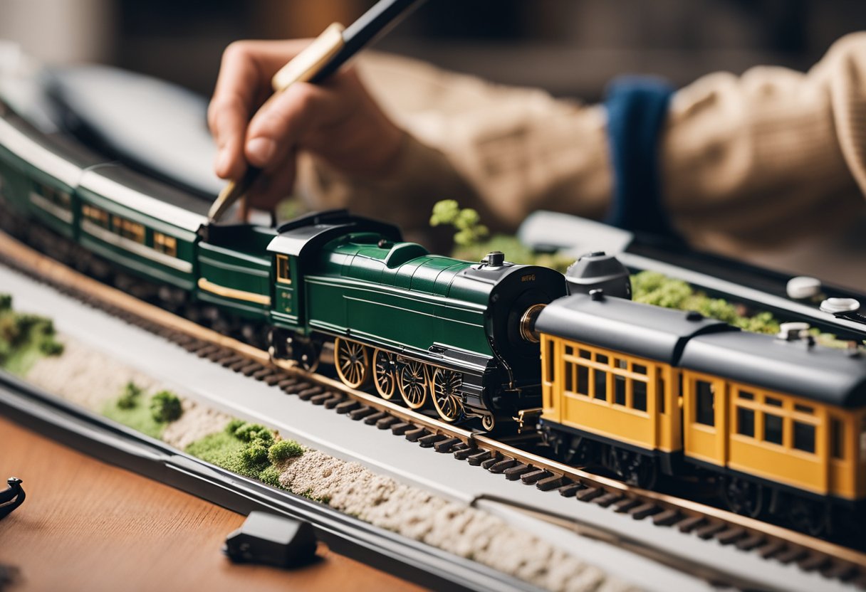 A person sketching trains and tracks in a cozy study filled with books, maps, and model trains