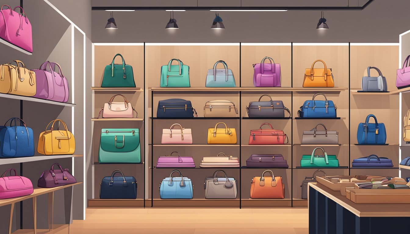 Various affordable bag brands displayed on shelves in a well-lit boutique. Bright colors and modern designs catch the eye