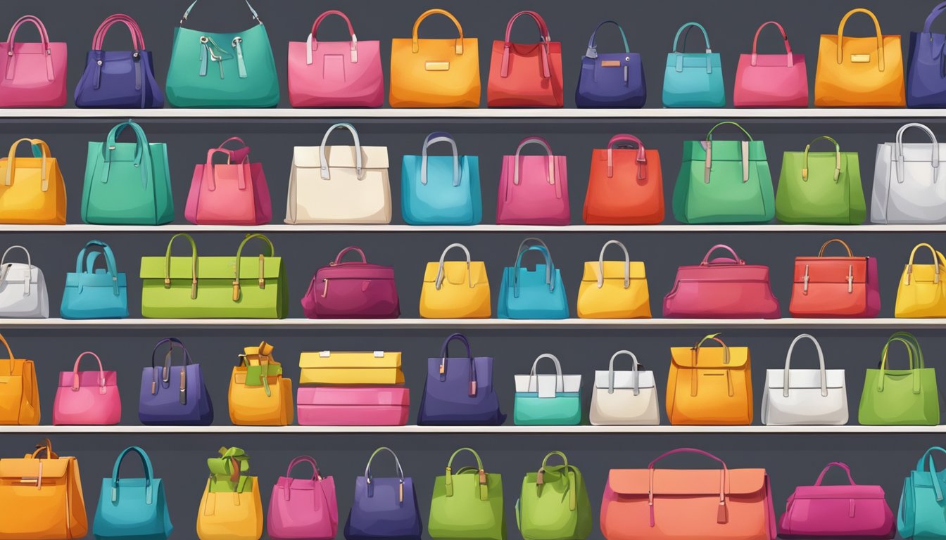 Colorful branded bags line the shelves in a busy USA store