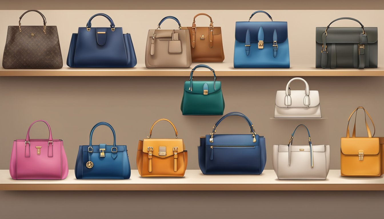A display of trendy and classic affordable bags, with seasonal colors and timeless designs, arranged on a sleek and modern display shelf