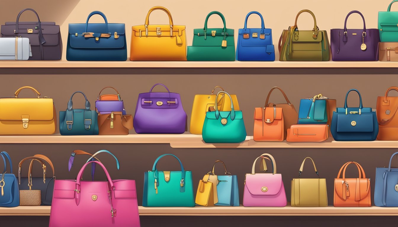 A colorful array of affordable bag brands displayed on shelves, with various accessories like scarves and keychains hanging from the bags