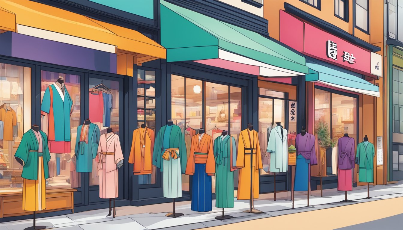 Vibrant storefronts display modern and traditional Japanese fashion brands. Bold colors and sleek designs catch the eye of passersby