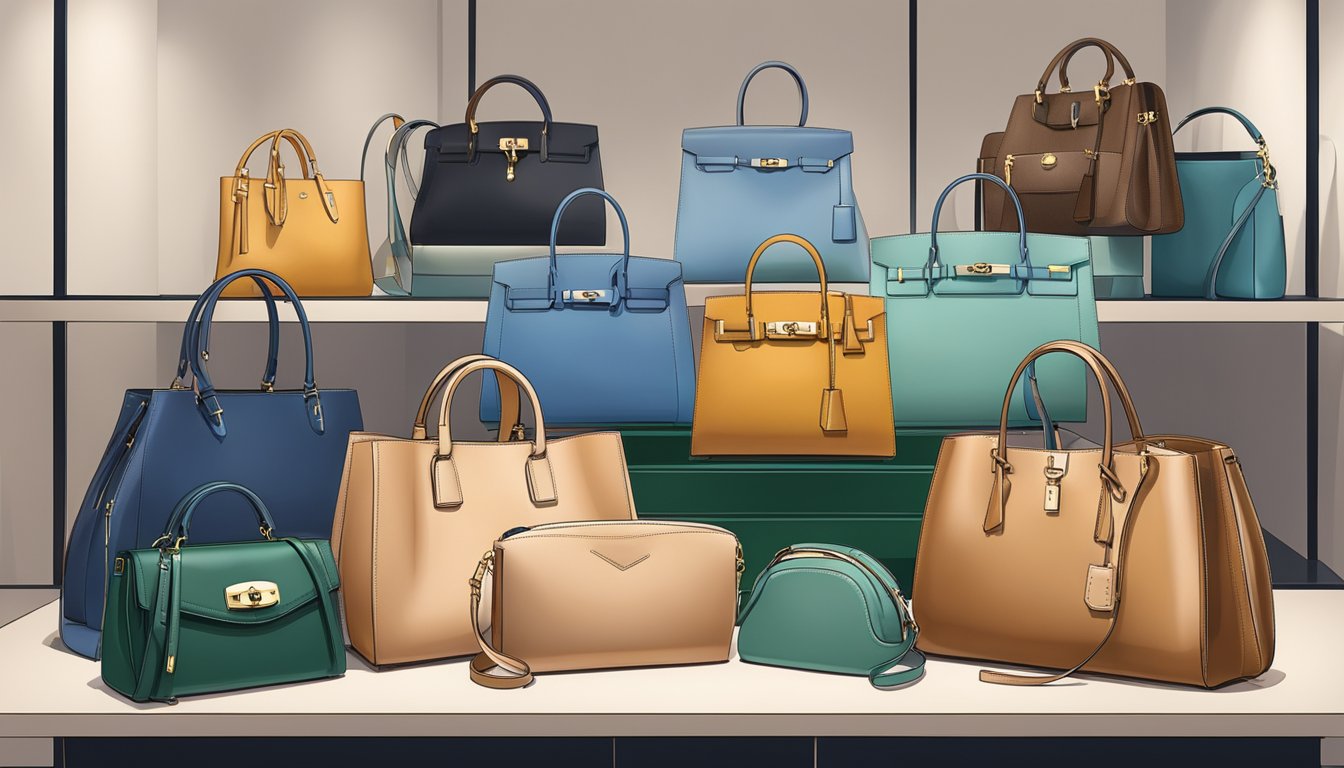 A display of luxury handbags in a high-end boutique, showcasing various branded designs from the USA