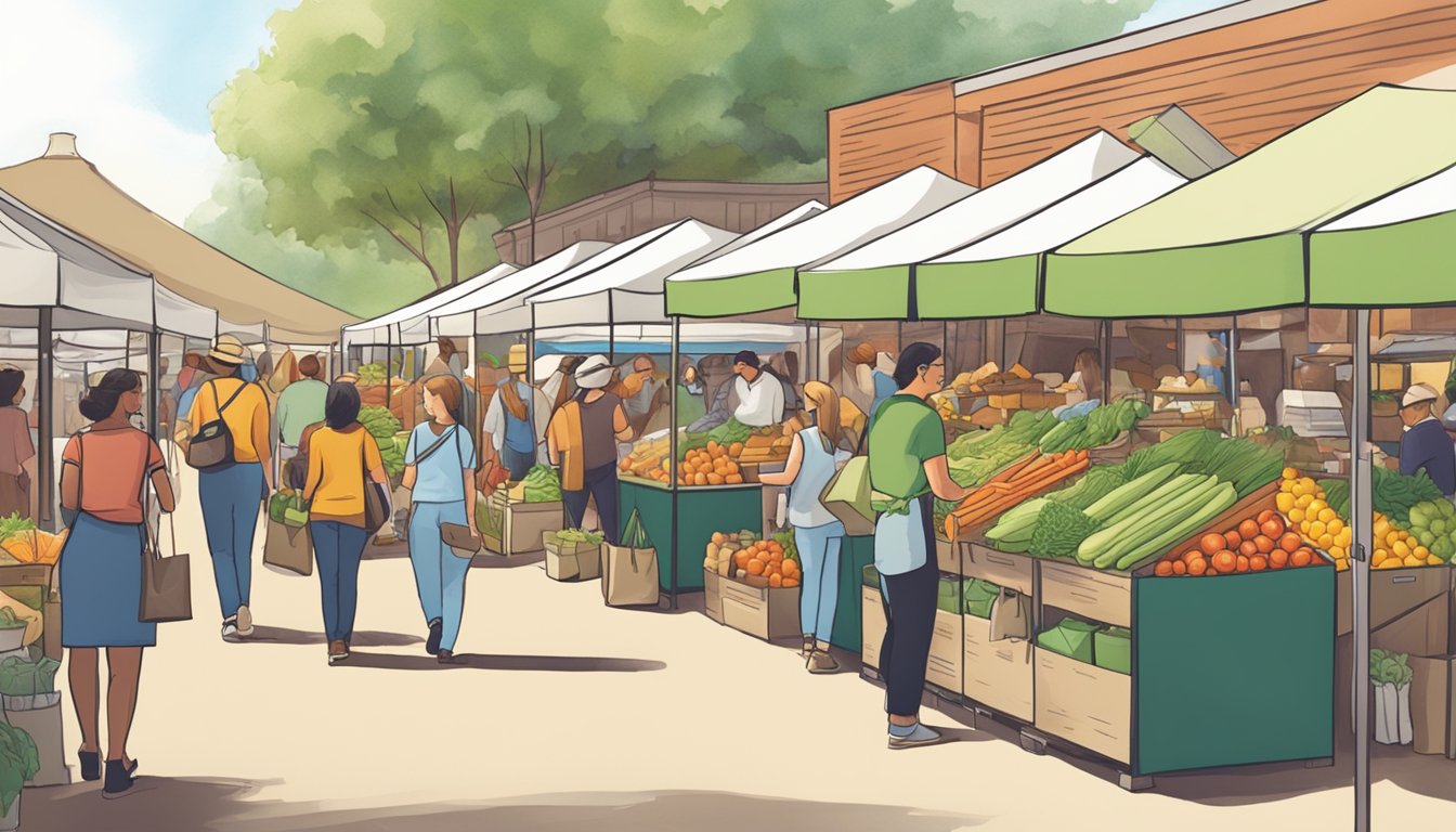 A bustling farmer's market with vendors displaying sustainable and eco-friendly branded bags in the USA