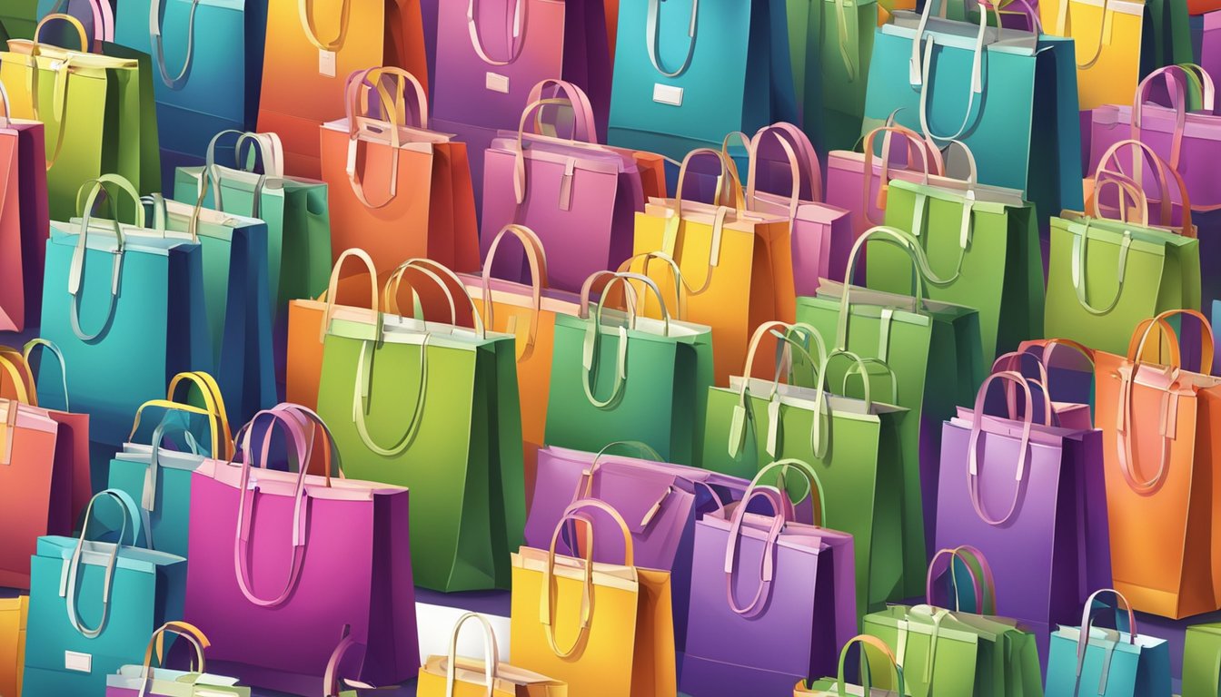 A stack of colorful bags with price tags, a banner reading "Frequently Asked Questions affordable bag brands" in a busy marketplace