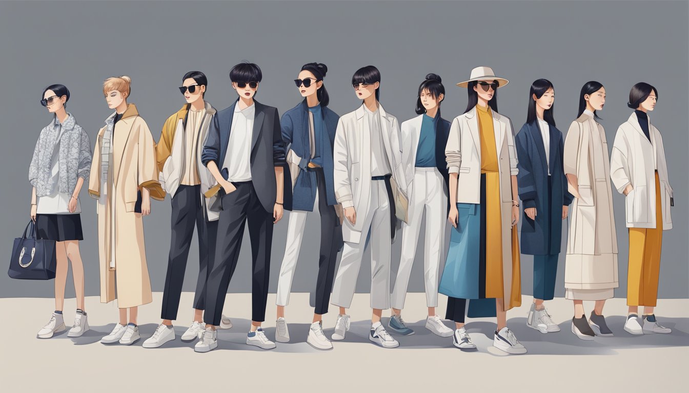 A group of modern Japanese fashion brands collaborating on a new collection, surrounded by sleek, minimalist design elements and cutting-edge technology