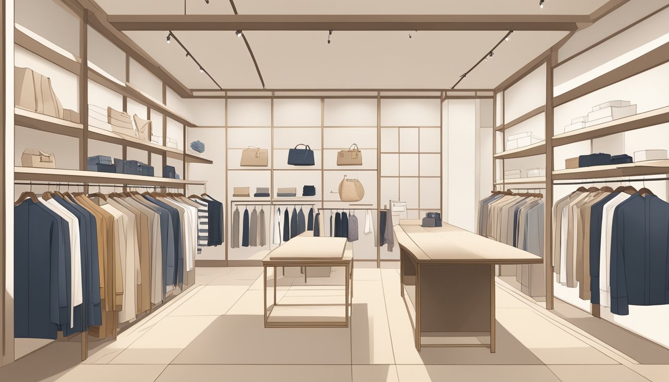 A minimalist Japanese fashion store with clean lines, neutral colors, and elegant displays of clothing and accessories. Traditional elements like kimono fabric and origami motifs add a touch of cultural authenticity