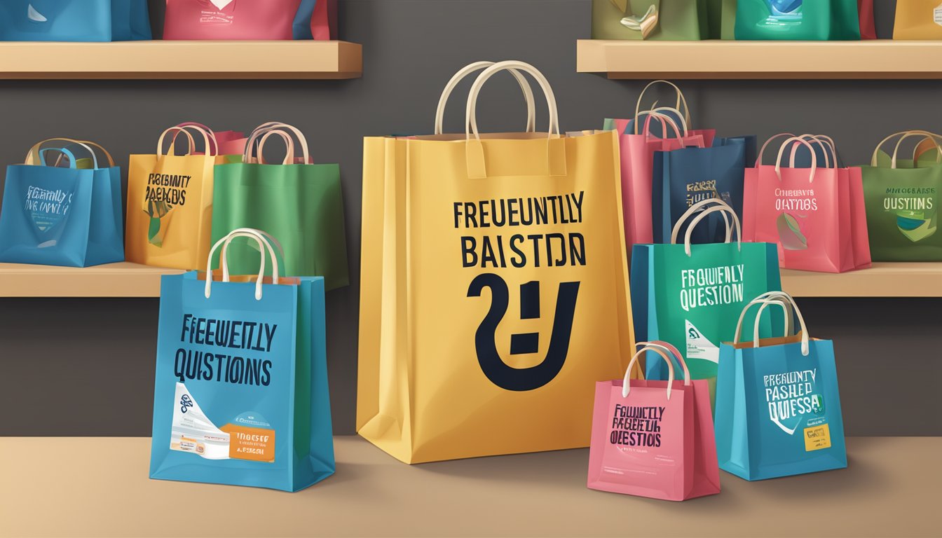A stack of branded bags with "Frequently Asked Questions" logo, placed in a retail setting in the USA