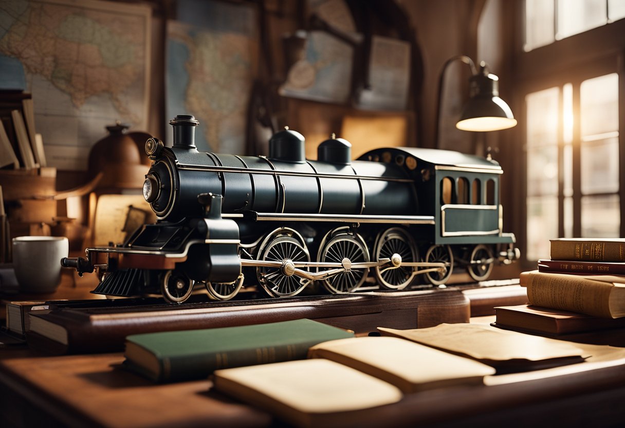 A cluttered desk with train models, books, and maps. A vintage train poster hangs on the wall. Sunlight streams through the window