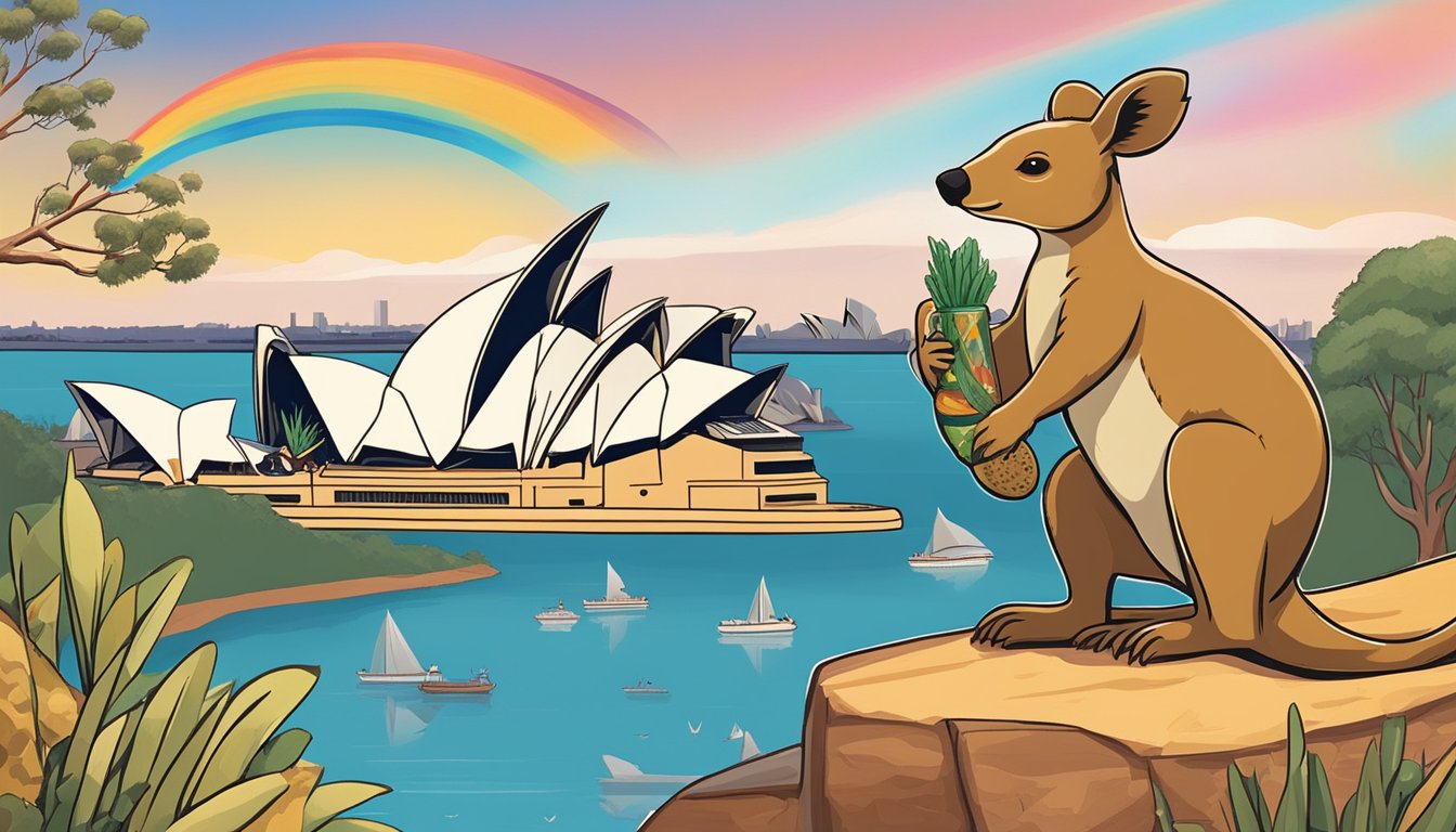 A kangaroo and koala stand beside a boomerang and jar of Vegemite, with a backdrop of the Sydney Opera House and Uluru