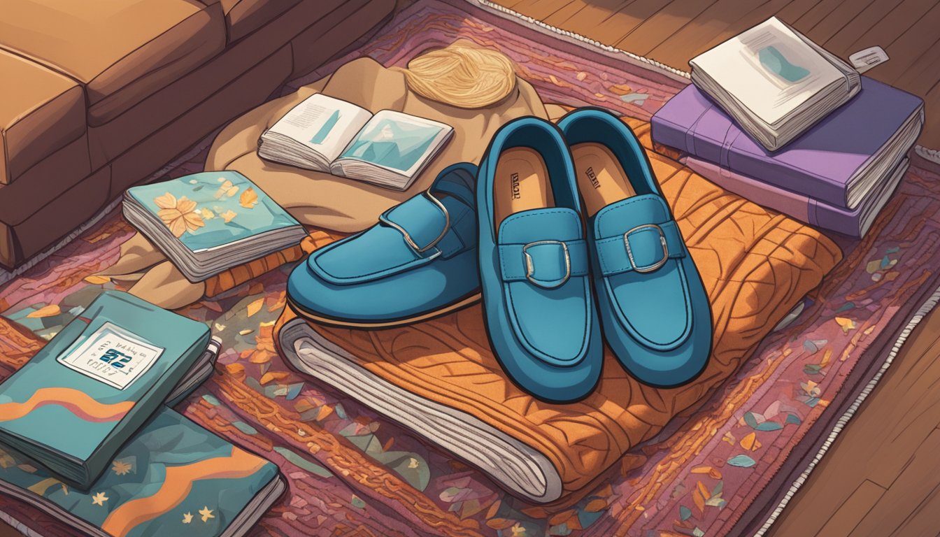 A pair of branded slippers sits on a plush rug, surrounded by scattered magazines and a cozy blanket