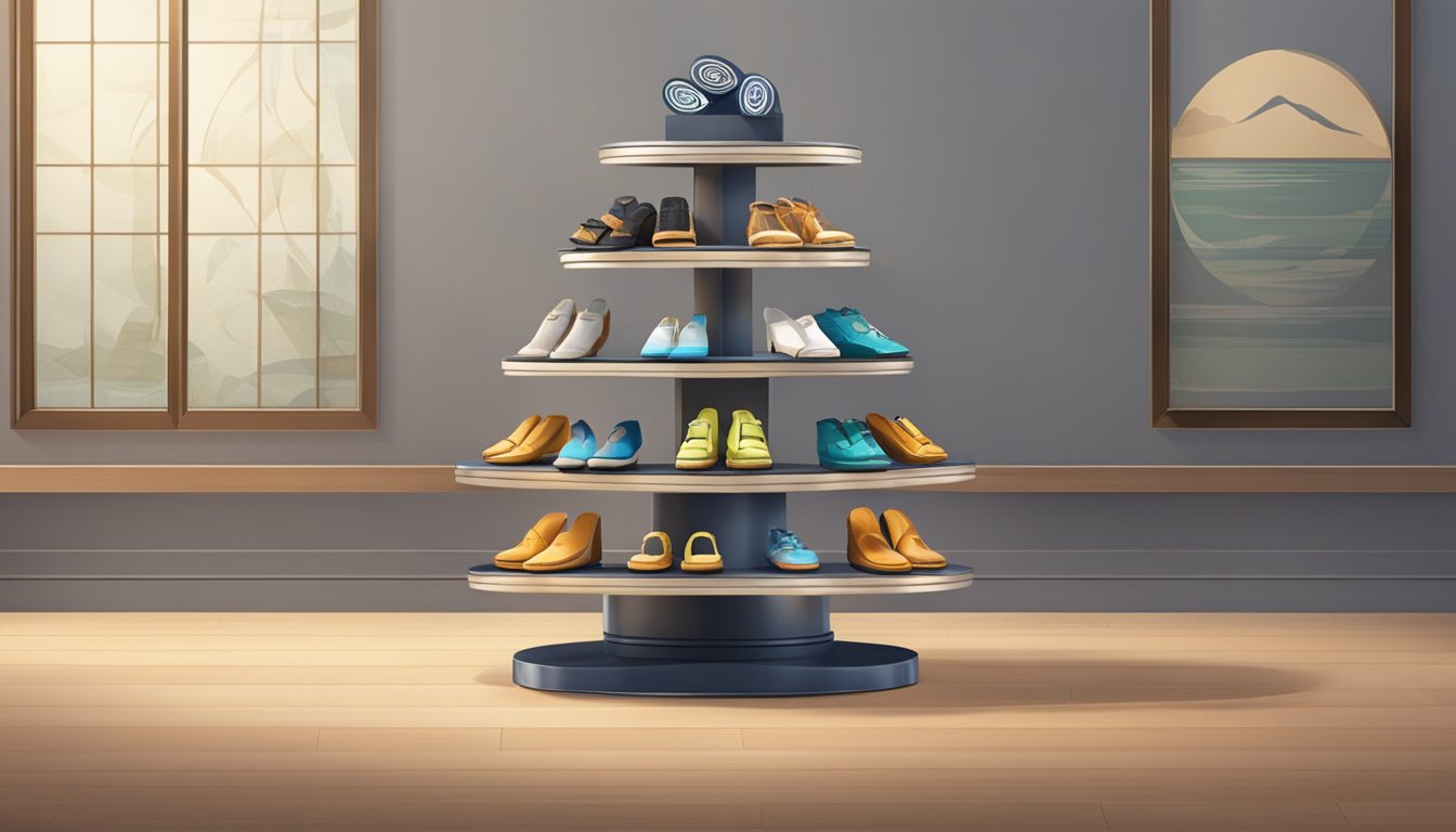 A timeline of branded slippers, from ancient sandals to modern, logo-emblazoned designs, displayed on a rotating pedestal