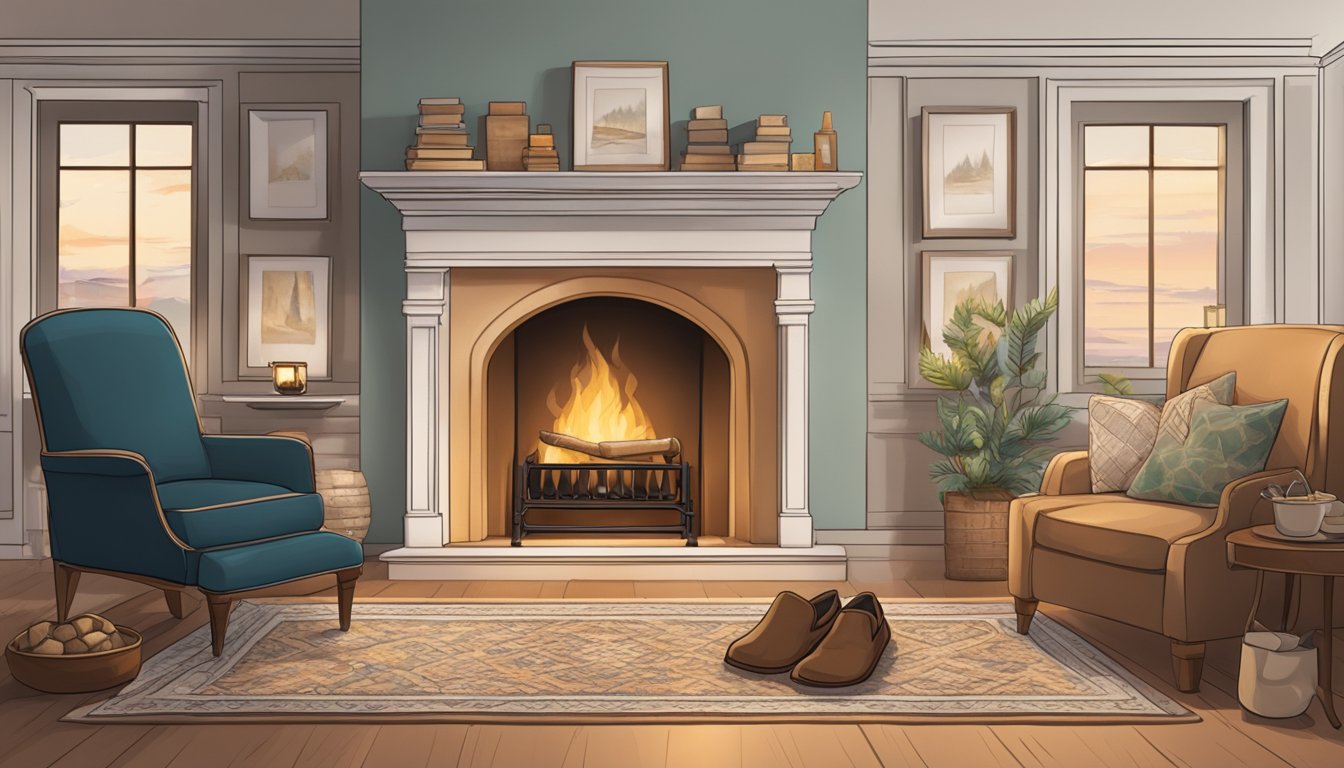 A cozy living room with a crackling fire, a plush rug, and a pair of Top Choices for Warmth and Style branded slippers placed neatly by the hearth