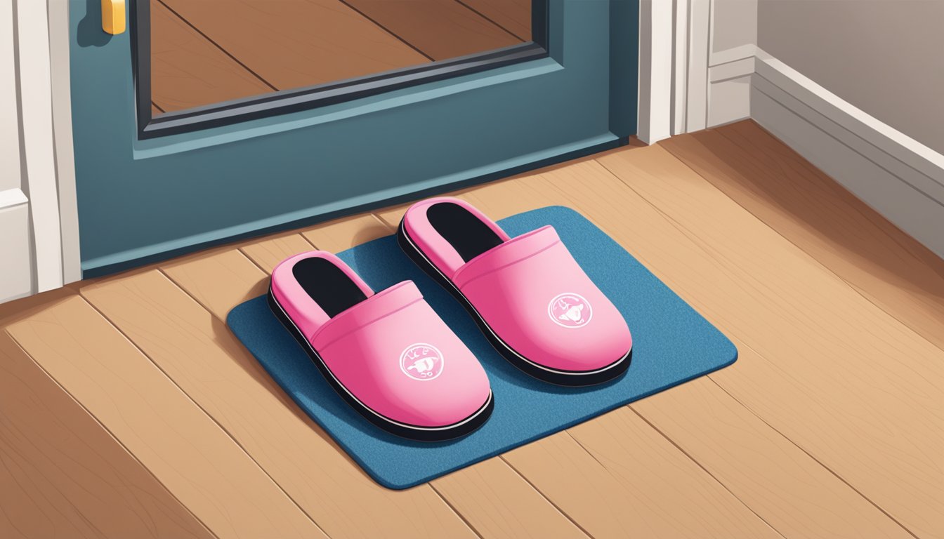 A pair of branded slippers placed neatly on a doormat in front of a closed door