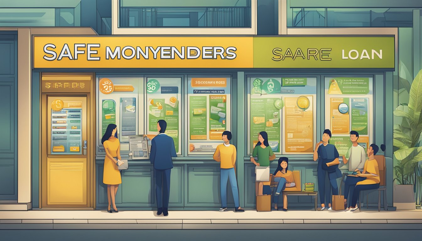 Safe money lenders in Singapore offer various loan types and terms. The scene could depict a diverse set of loan options and terms displayed on a sign or brochure