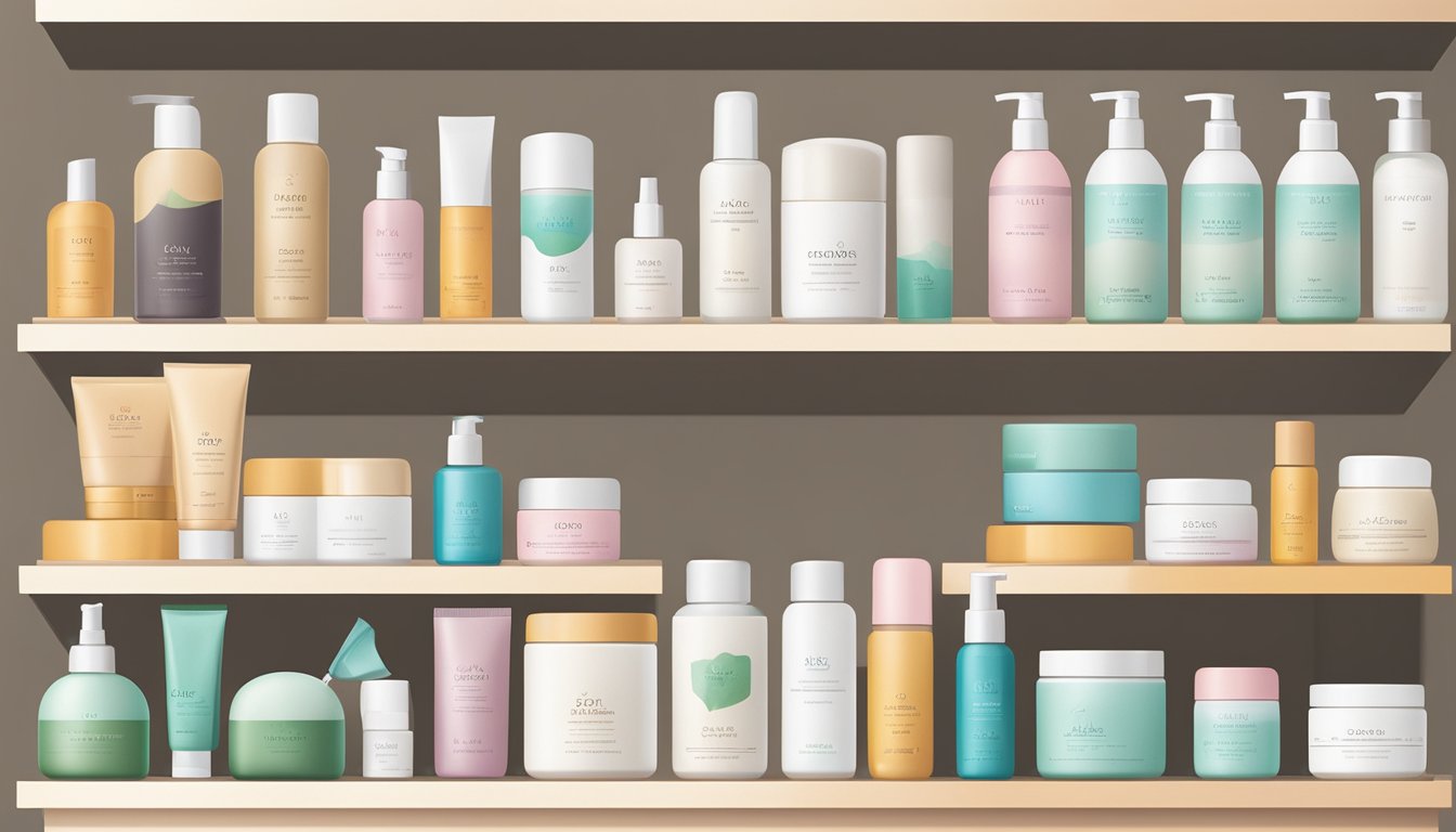 A shelf filled with Japanese skin care products, featuring minimalist packaging and natural ingredients