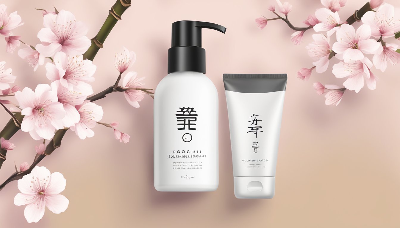 A minimalist, modern Japanese skincare brand logo set against a backdrop of traditional cherry blossoms and bamboo, evoking a harmonious blend of heritage and innovation