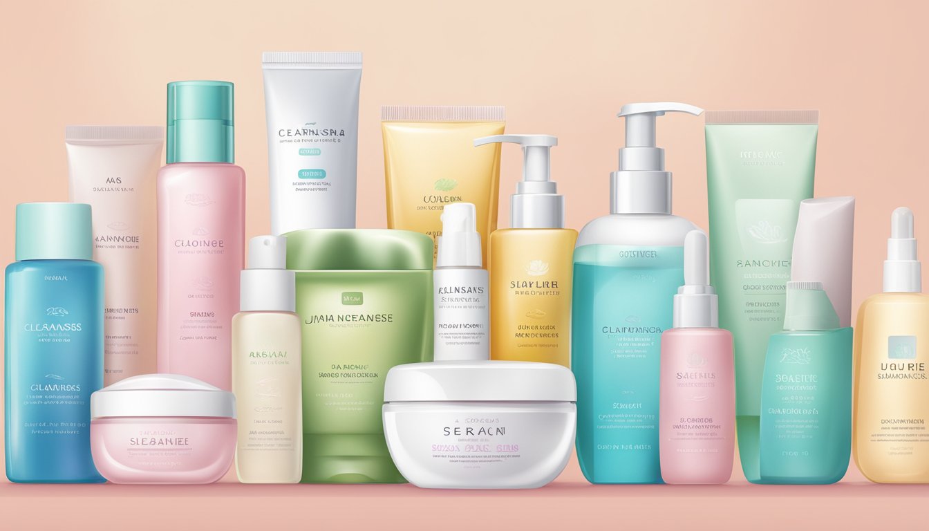 A table displays various Japanese skincare products: cleansers, toners, serums, and moisturizers from top Japanese skincare brands
