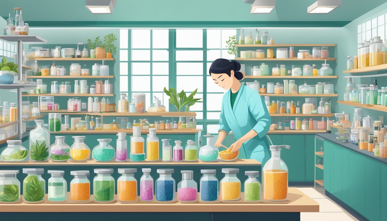 A laboratory filled with modern equipment and shelves of exotic ingredients, with scientists carefully formulating Japanese skincare products