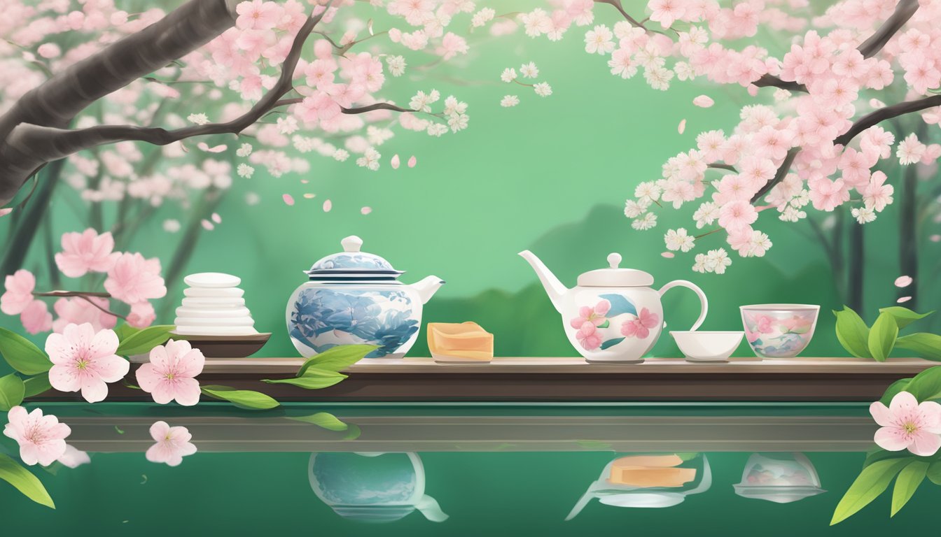 A serene Japanese garden with cherry blossoms and traditional skincare ingredients like green tea and rice, symbolizing the calming and nourishing effects of J-Beauty products