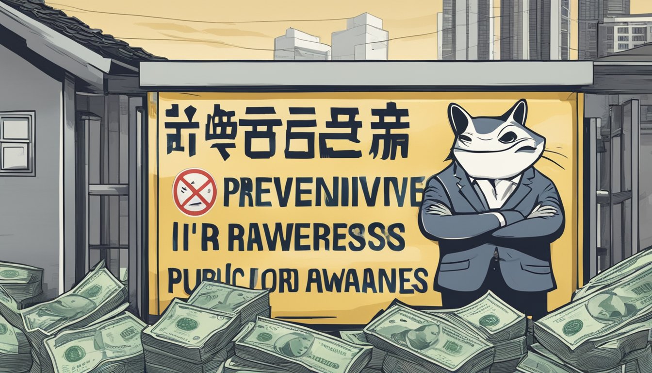 A sign warning against unlicensed money lending in Singapore, with a crossed-out image of a loan shark and the words "Preventive Measures and Public Awareness" prominently displayed
