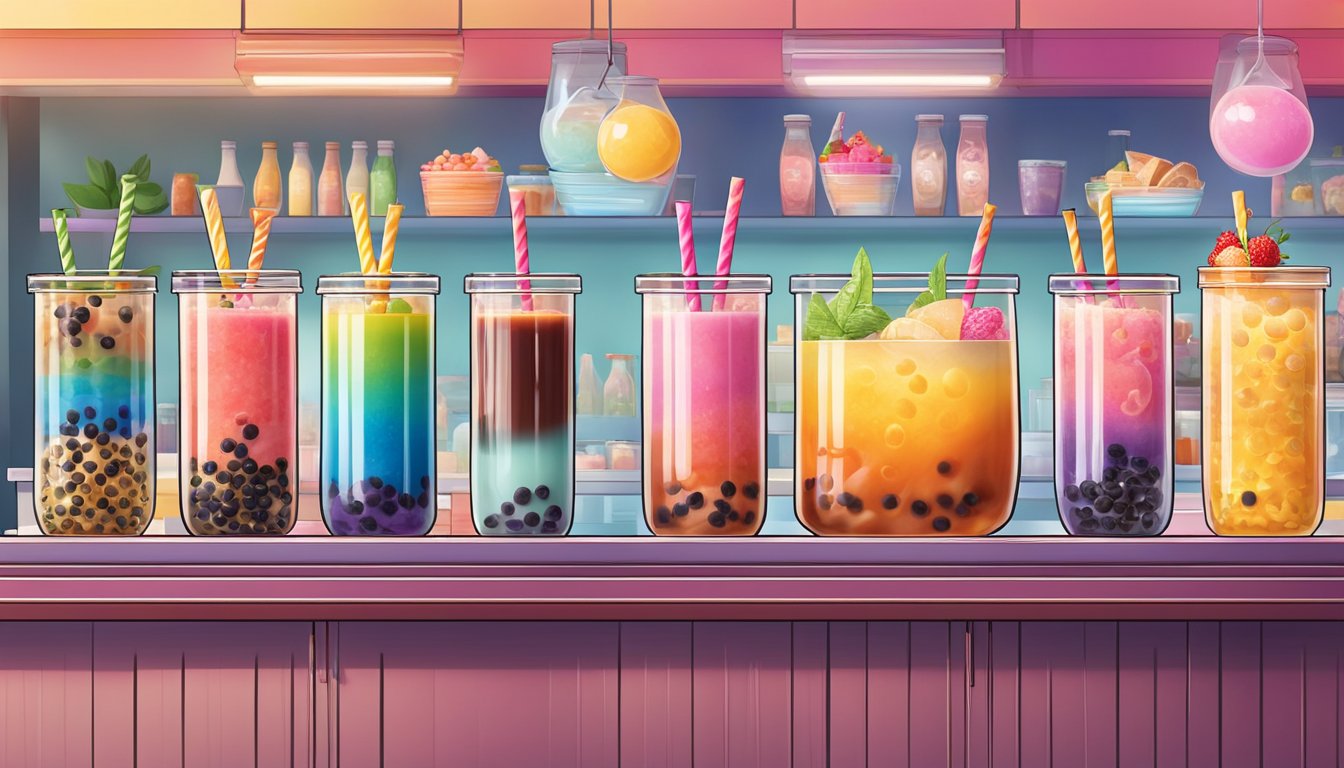 A colorful array of unique bubble tea flavors and toppings displayed on a vibrant, inviting counter