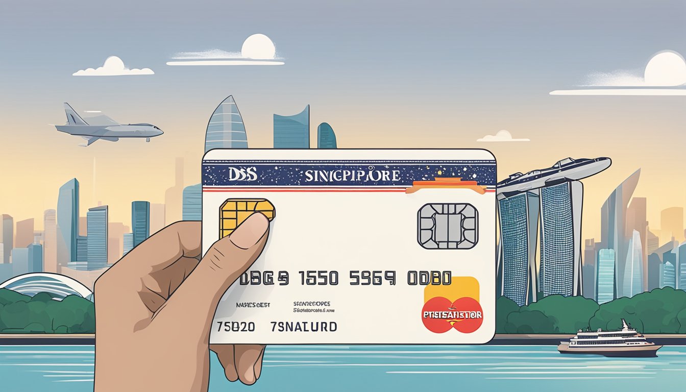 A hand holding a DBS yuu Visa card with Singapore landmarks in the background