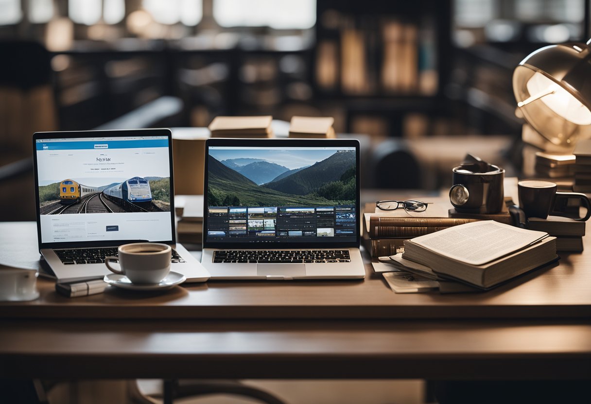 A person's desk with a clutter of train models, books, and maps. A laptop open to a railway forum, with a cup of coffee and a notebook