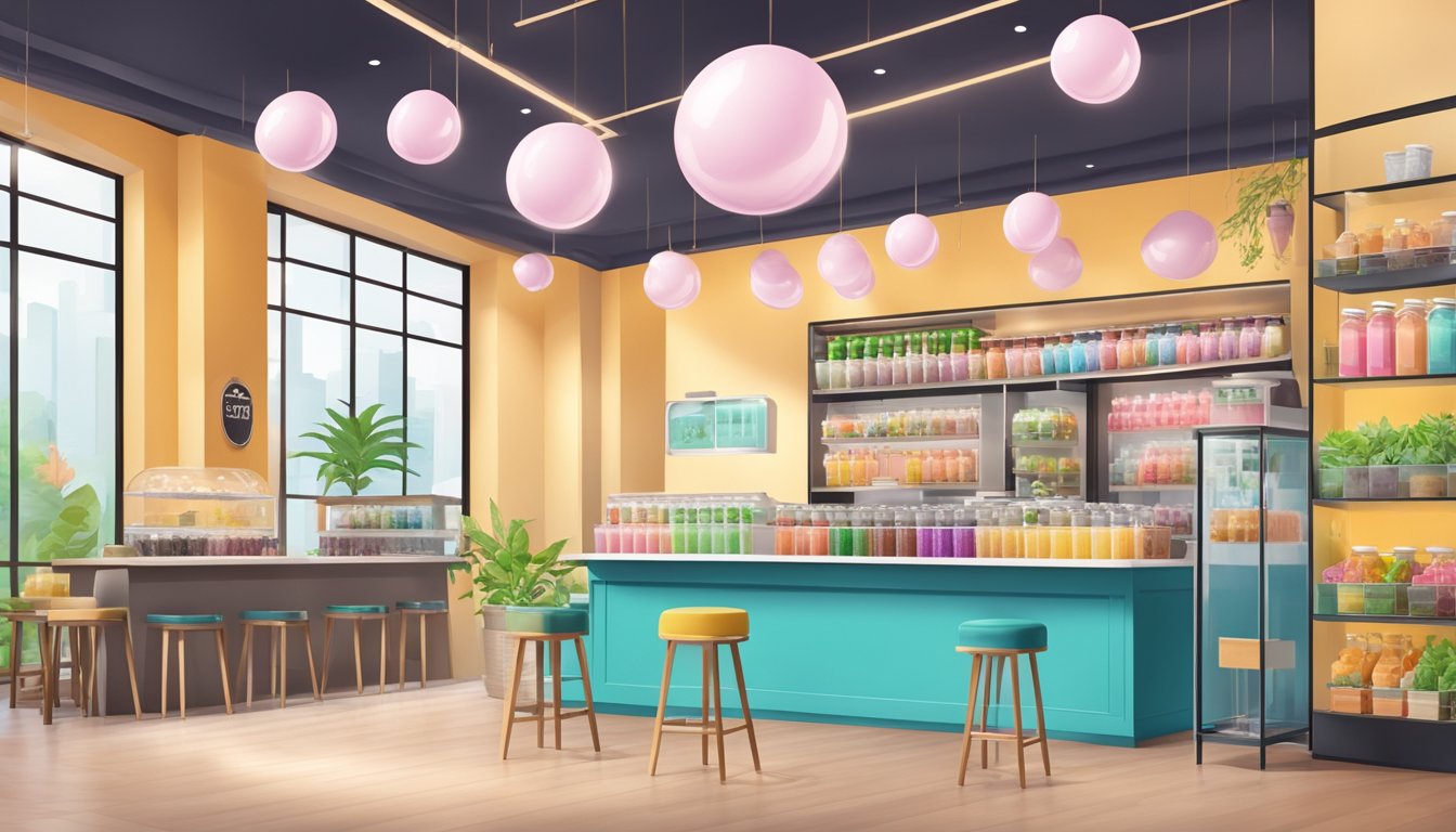 A colorful display of unique bubble tea flavors and innovative drink containers at a trendy tea shop
