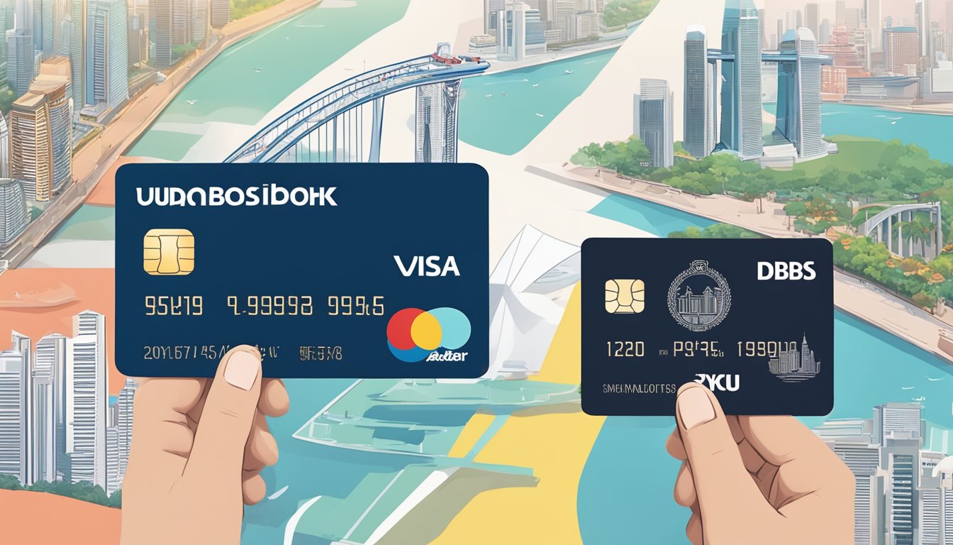 A hand holding a DBS yuu Visa card, with points accumulating and being redeemed for rewards, against a backdrop of iconic Singapore landmarks