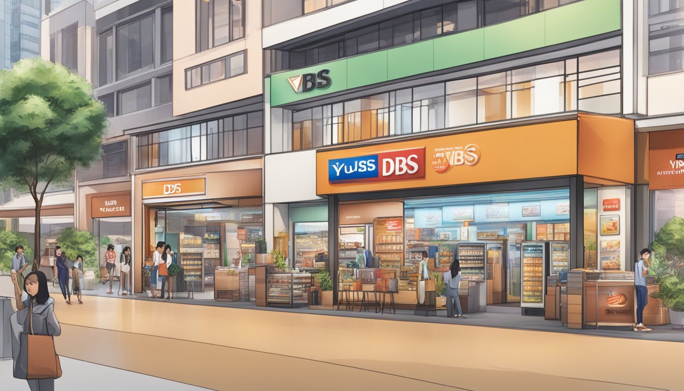 A DBS yuu Visa Card stands prominently in front of various Singaporean brands and outlets, showcasing its benefits and perks