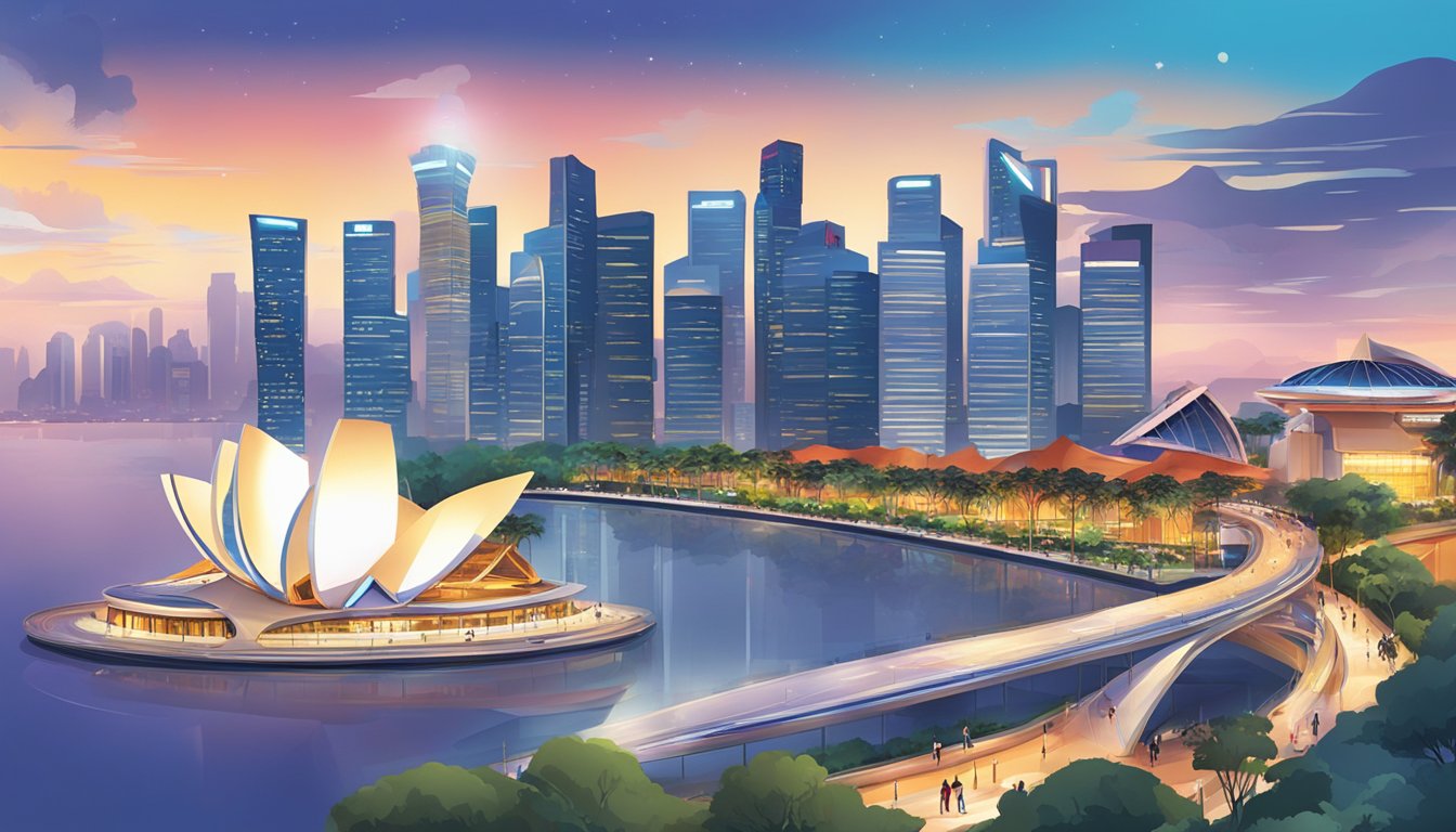 The DBS yuu Visa Card shines in a vibrant Singaporean cityscape, with iconic landmarks in the background. The cardholder enjoys exclusive privileges, depicted through symbols of luxury and convenience
