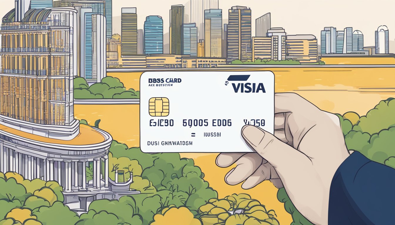 A hand holding a DBS yuu Visa card with Singapore landmarks in the background. Text: "Eligibility and Fees DBS yuu Visa Card Singapore: A Quick Review"
