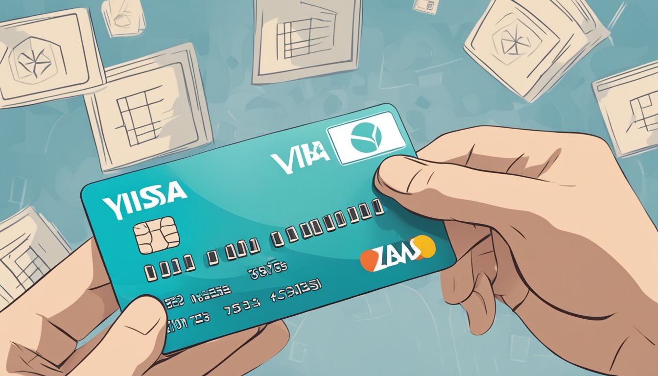 A hand holding a DBS yuu Visa card with FAQ symbols in the background
