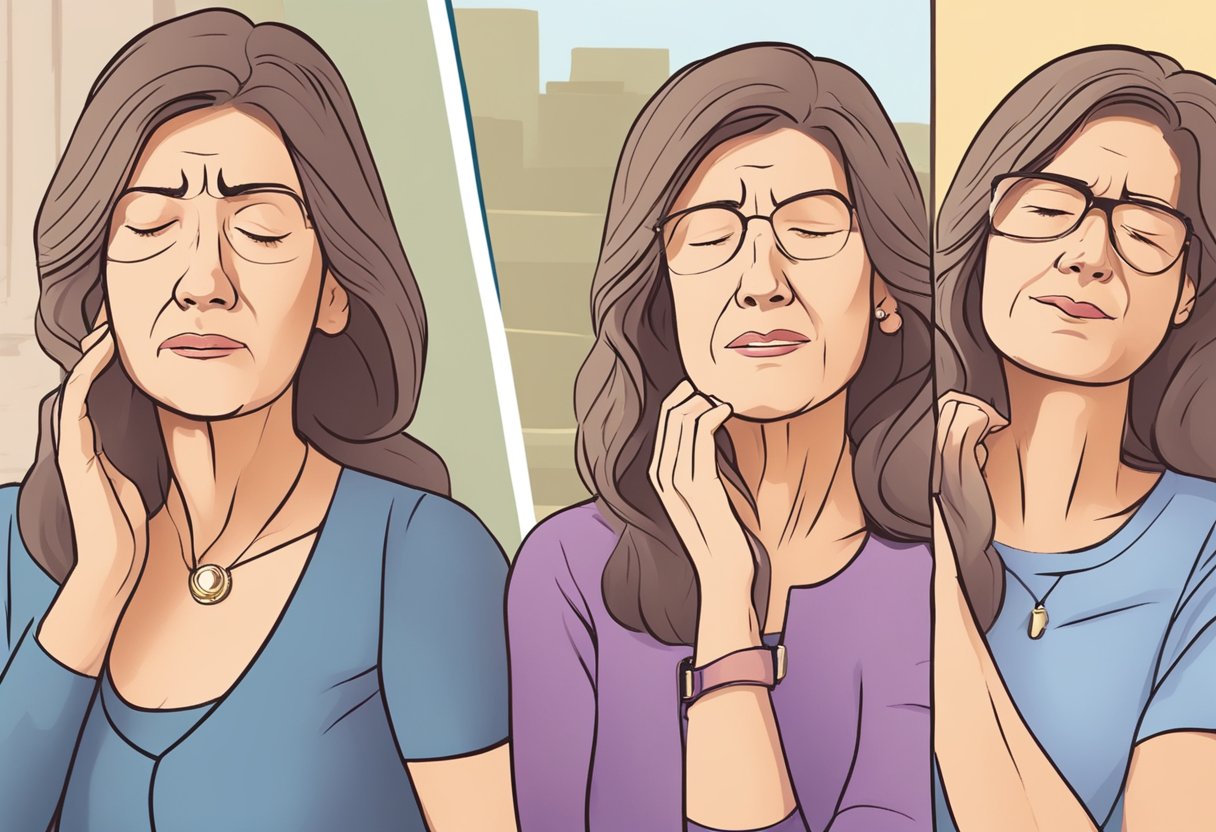 A woman experiencing hot flashes, mood swings, and fatigue during menopause