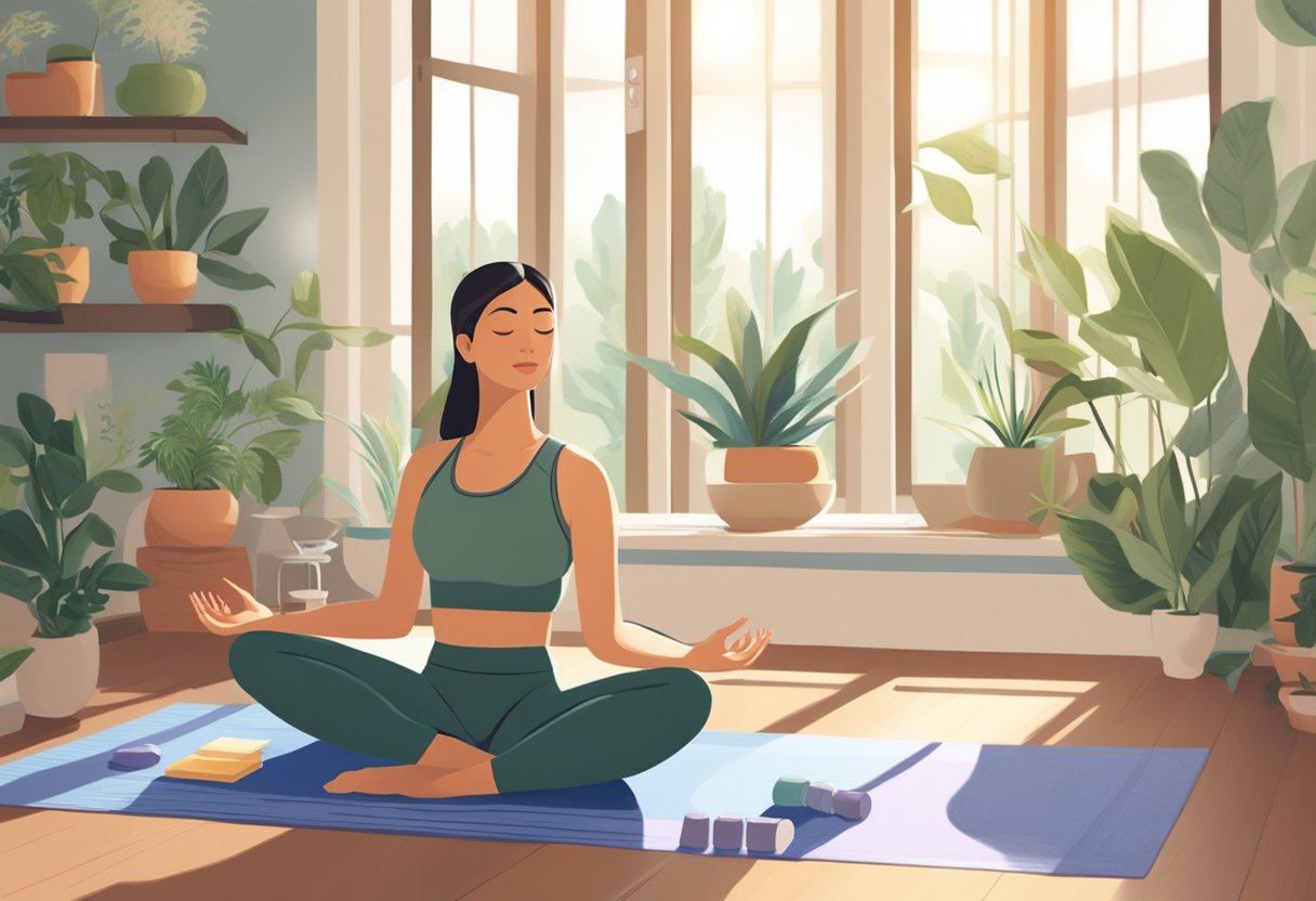 A serene woman practices yoga in a sunlit room, surrounded by herbal supplements and a cooling fan