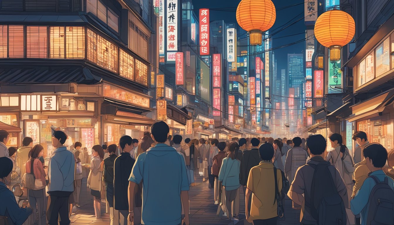 A bustling street in Tokyo, neon signs glowing, crowded with people. Skyscrapers loom in the background, while traditional lanterns line the storefronts