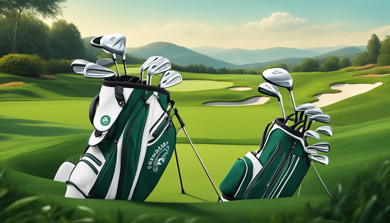 A golf brand logo displayed on a sleek, modern golf club set against a backdrop of lush green fairways and rolling hills